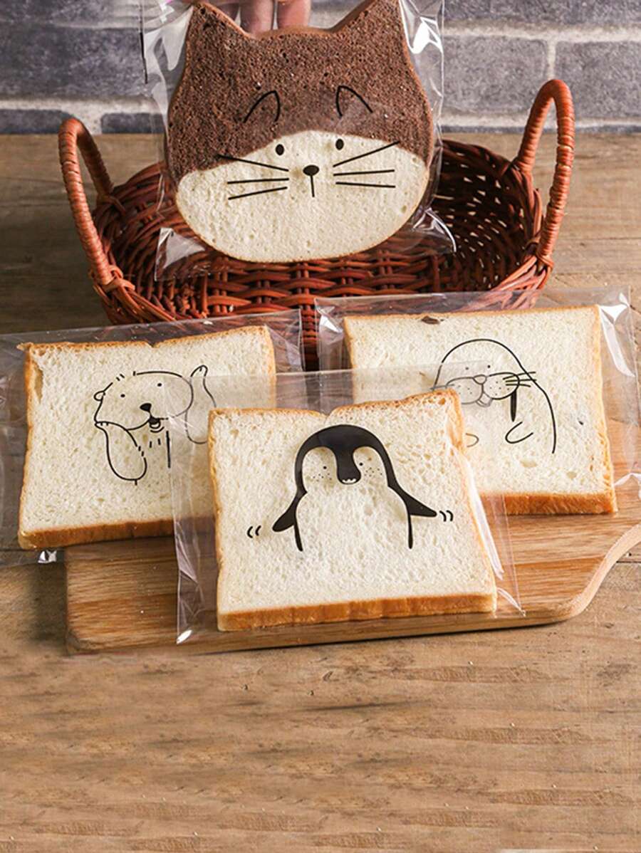 50pcs Cartoon Transparent Packaging Bag, Cute Self-Adhesive Sliced Toast Bag For Baking Wedding Party Gift Bags