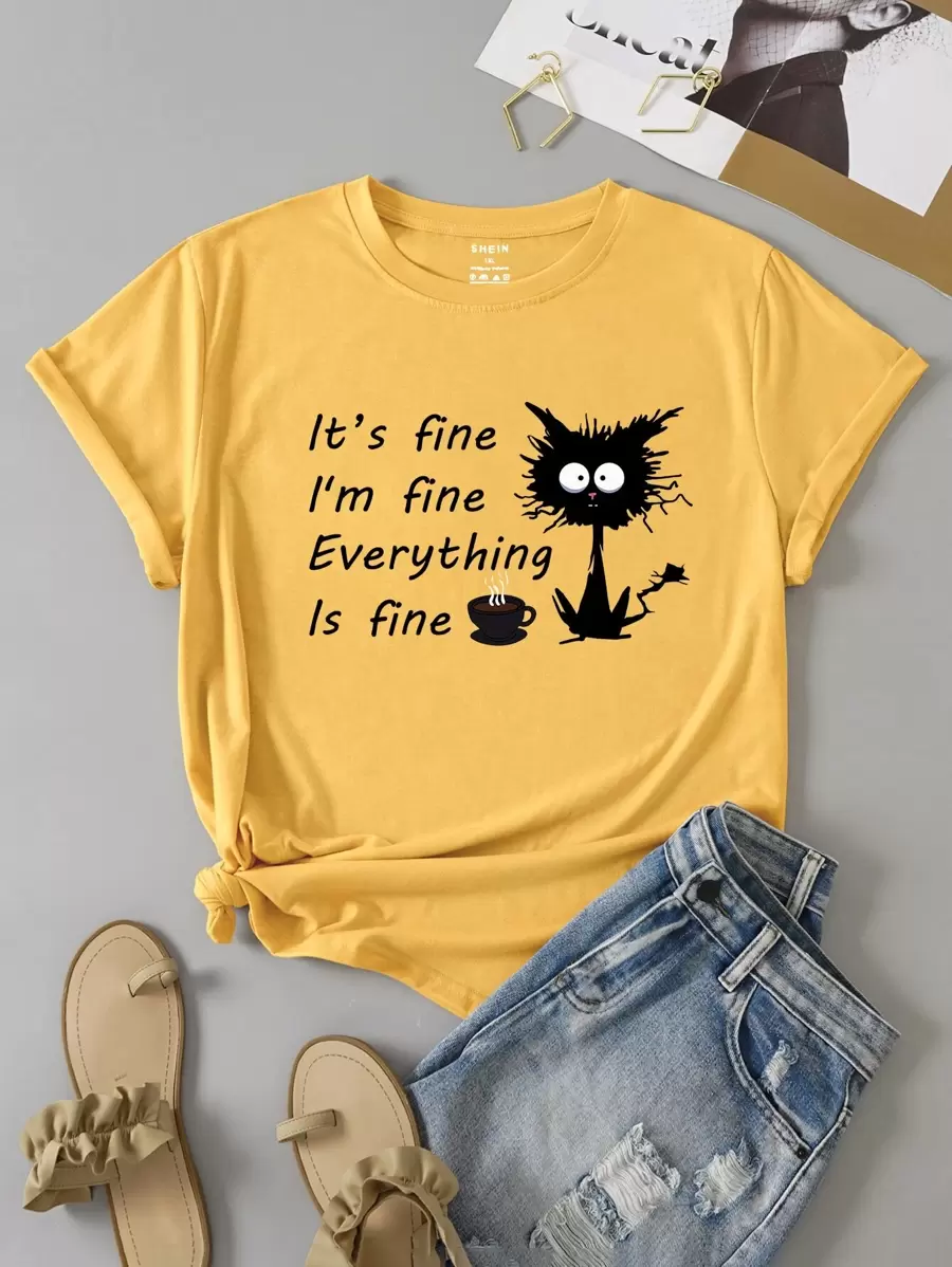 INAWLY Plus Cartoon And Slogan Graphic Tee It's Fine I'm Fine Everything Is Fine Graphic Tee, Women Top, Summer