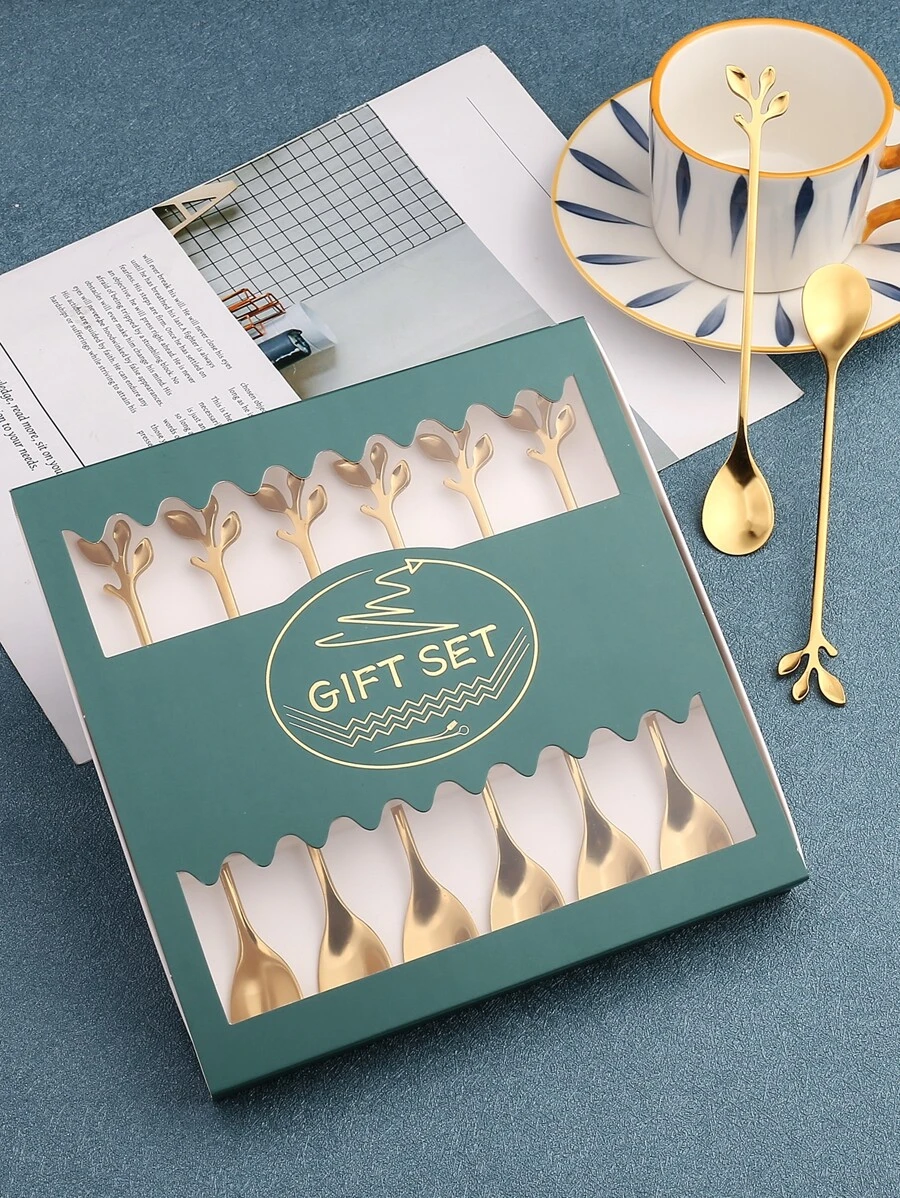 6pcs/Set Stainless Steel Spoon With Box, Creative Leaf Design Dessert Spoon For Gift School Supplies,Christmas Gift