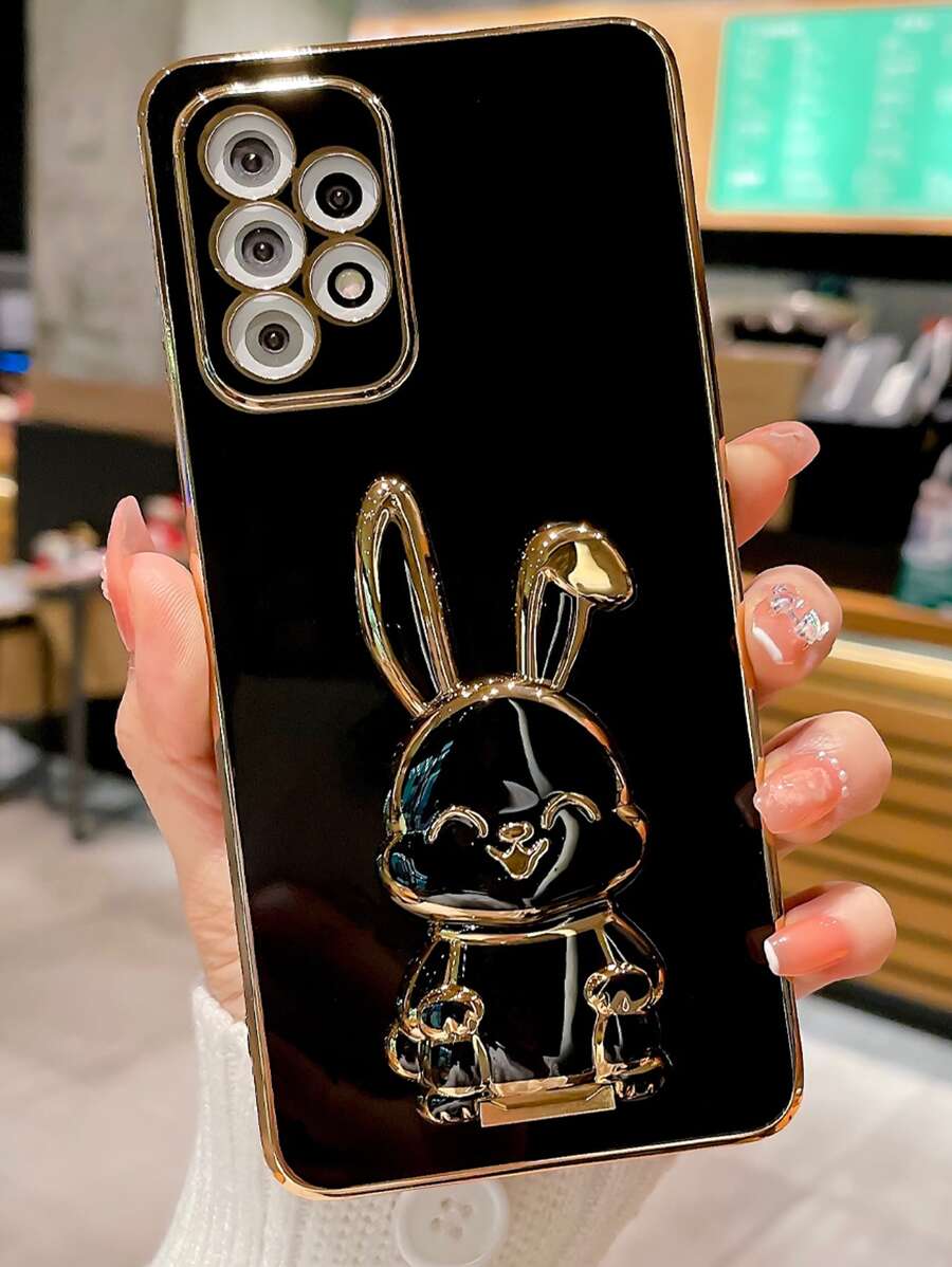 1 Stück Schwarze TPU Elektro-plattierte Handyhülle für iPhone 16 und 1 Stück Schwarzer Elektro-plattierter Hasen-Handyständer