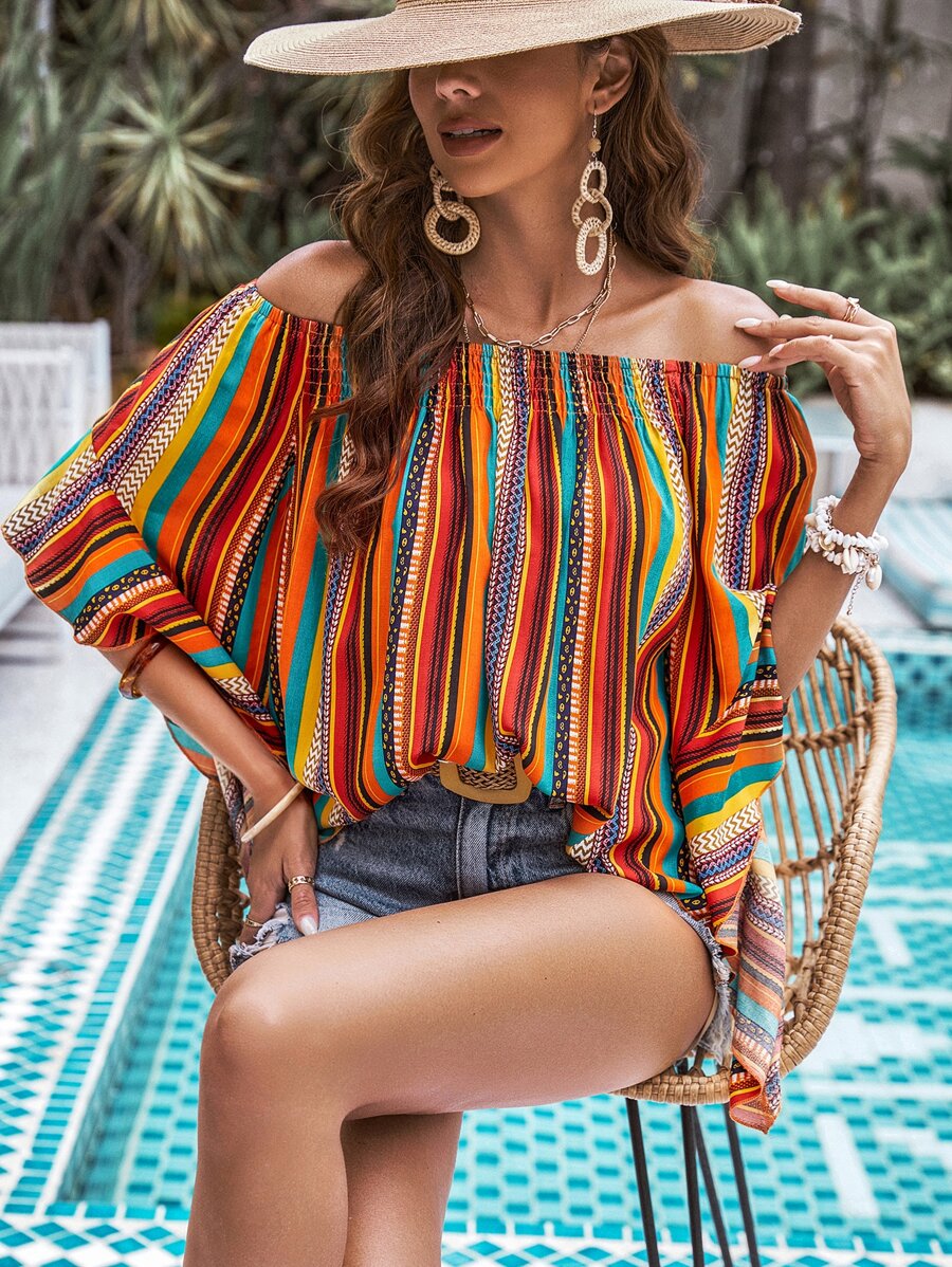 SHEIN VCAY Striped Off Shoulder Batwing Sleeve Blouse