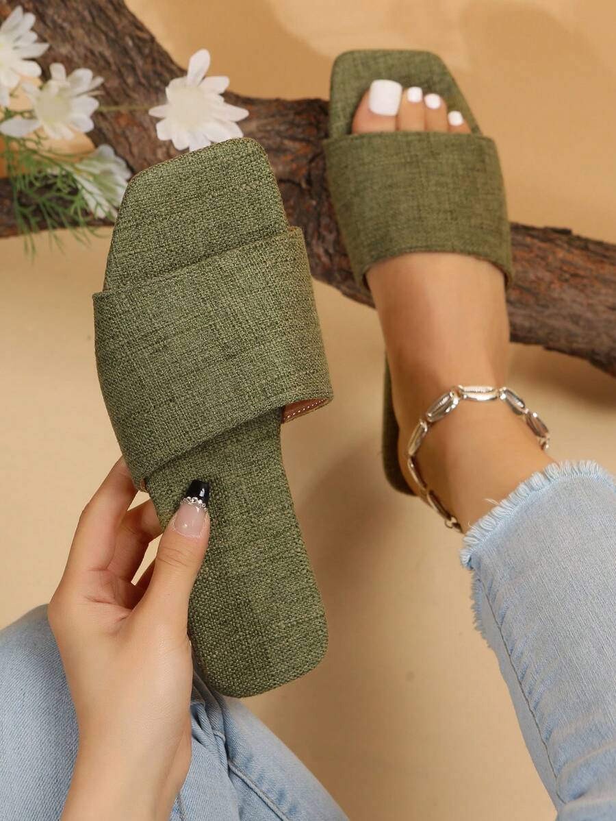 Fashionable Slide Sandals For Women, Linen Single Band Flat Sandals