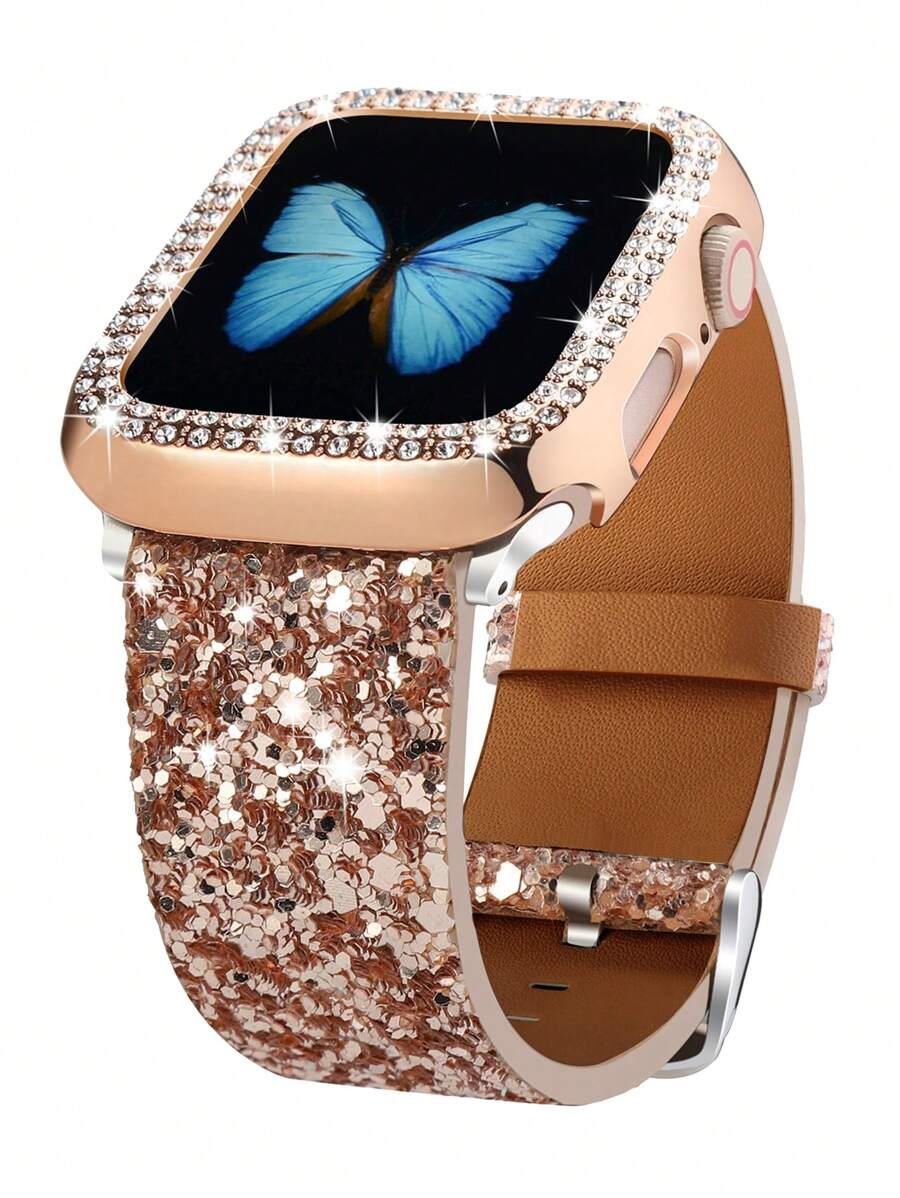Apple Watch Armband, Apple Watch Armband, Apple Watch Hülle, Apple Watch Armband + Apple Watch Hülle, hochwertige luxuriöse glänzende Schmuckcrystal Strass Rose Gold PC Rahmenhalterung Schutzhülle und Rose Gold glänzendes farbiges Lederarmband 2 Teile zusammen verkauft, kompatibel mit Apple Ultra 2 1 Se S9 8 7 6 5 4 3 2 1 Elegant, edel und schöne Damenersatz Apple Watch Smartwatch 38mm40mm41mm42mm44mm45mm49mm Smartwatch Zubehör Armband Apple Watch Hülle