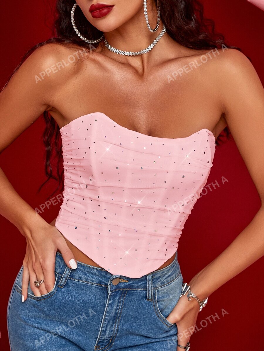Apperloth A Top con corsé de malla con lentejuelas en estilo Y2K, con pliegues, con boning, borde curvado, cordones y espalda descubierta, efecto modelador, top corto, ropa sexy para el Día de San Valentín y festivales de música