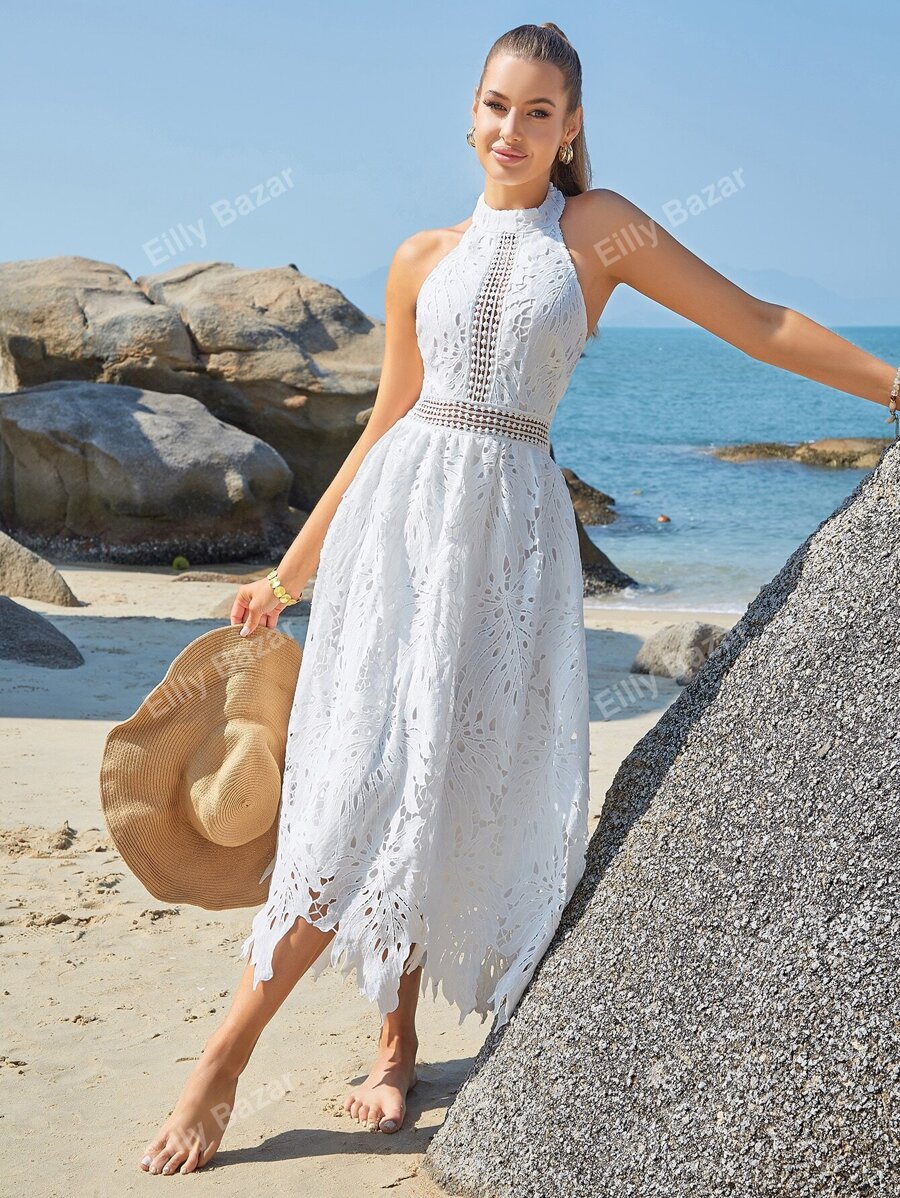 Eilly Bazar Guipure Lace Halter Neck Dress