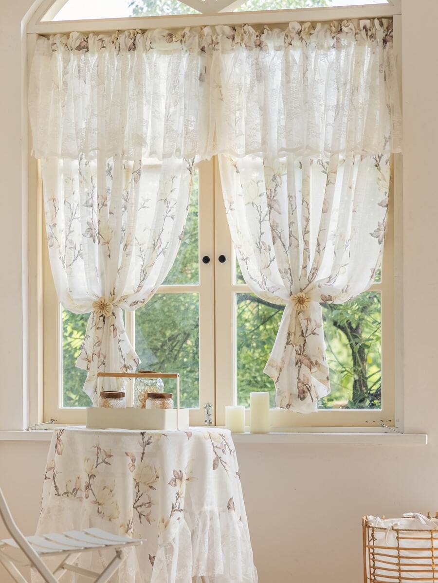 1 pièce Rideau de gaze imprimé en dentelle à deux couches avec barre pour la décoration de la maison salon et chambre à coucher