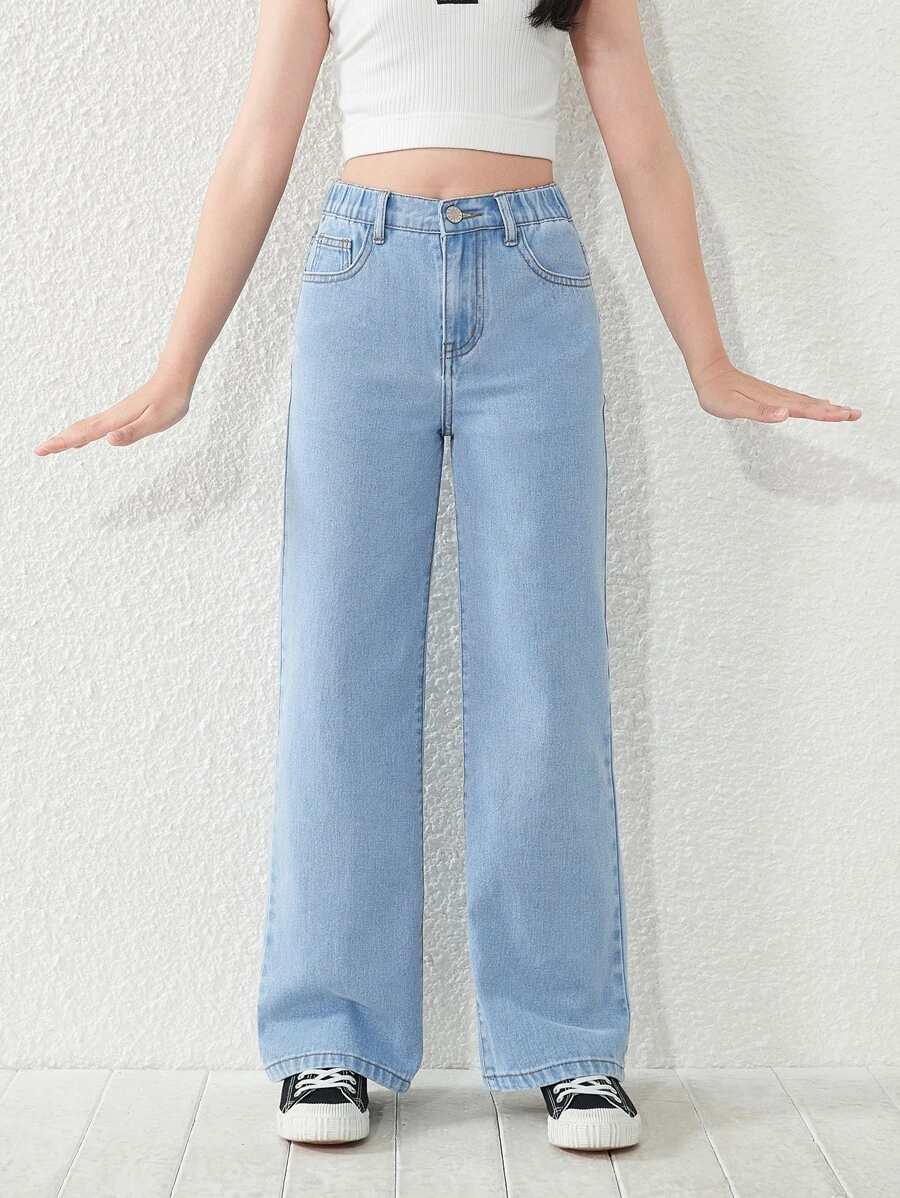 SHEIN TWEEN GIRL All-Match Casual Street Style Academy Flair 5-Pocket Elastic Waist Chopped Snowflake Jeans, Classic Fashionable Denim Clothing For All Seasons, For Christmas