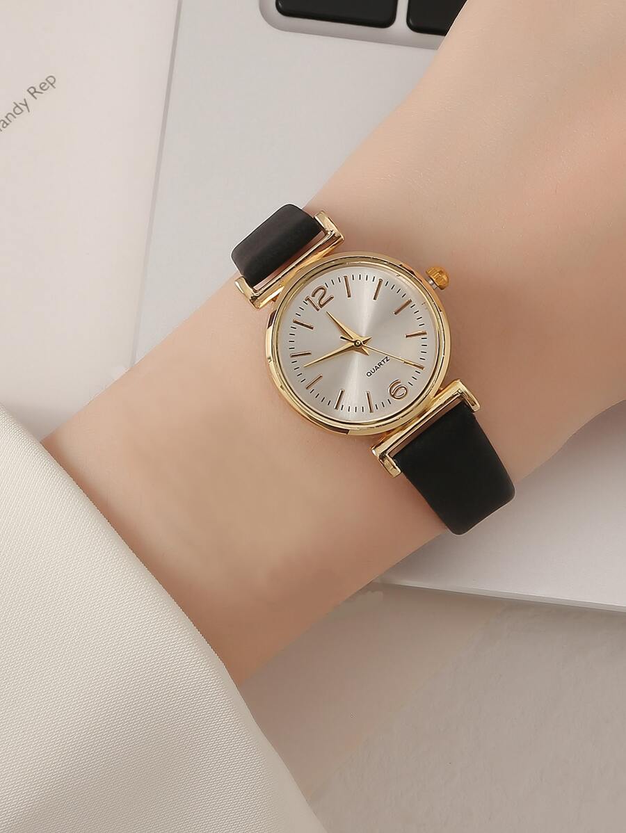 1pc Black PU Polyurethane Strap Elegant Round Dial Quartz Watch, For Daily Life As A Gift For Students Returning To School