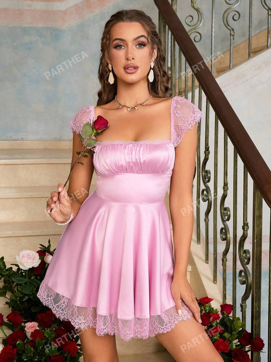 PARTHEA Contrast Lace Square Neck Ruched Bust Dress