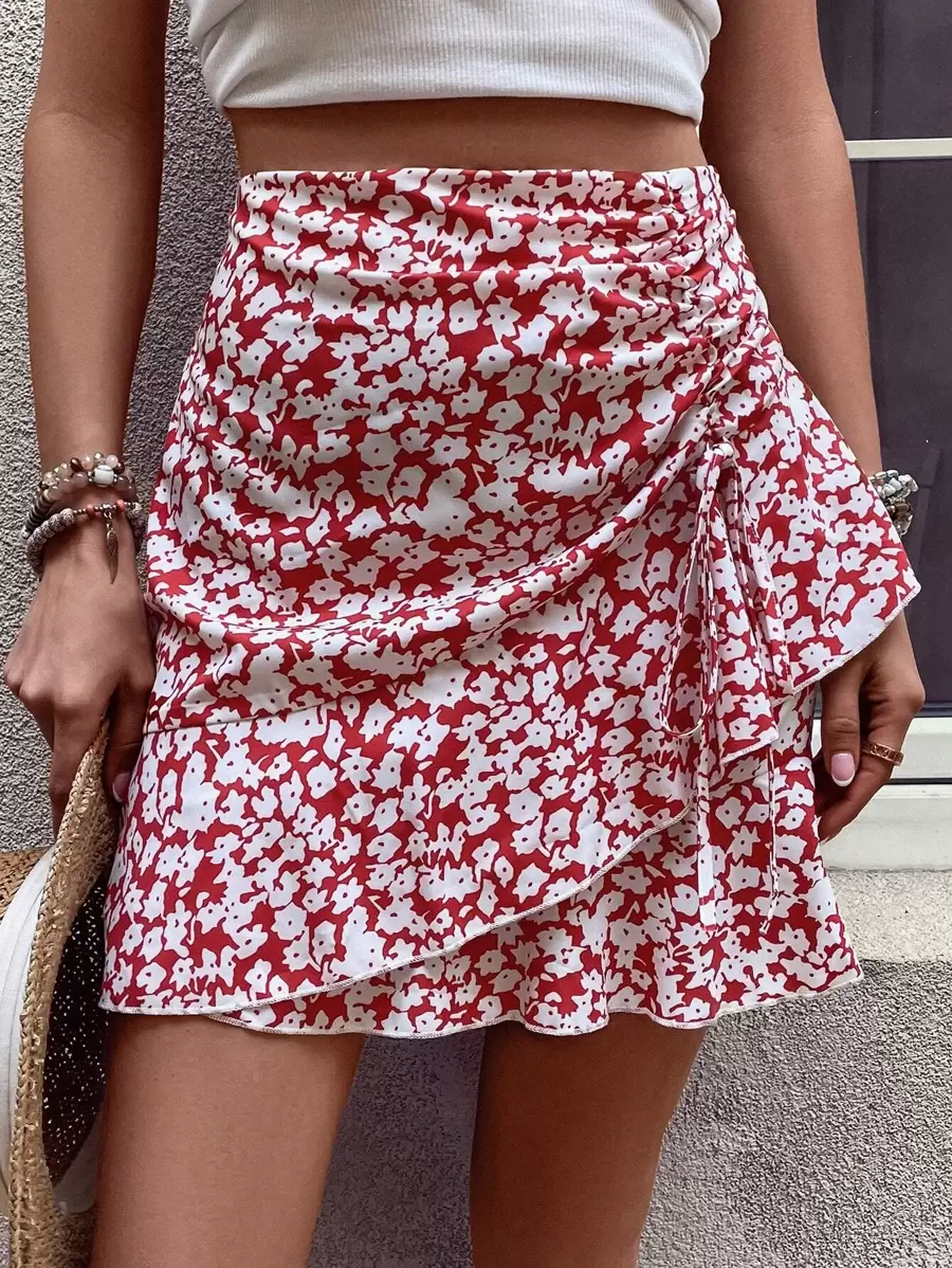 Breezaya Allover Floral Print Drawstring Ruffle Trim Skirt