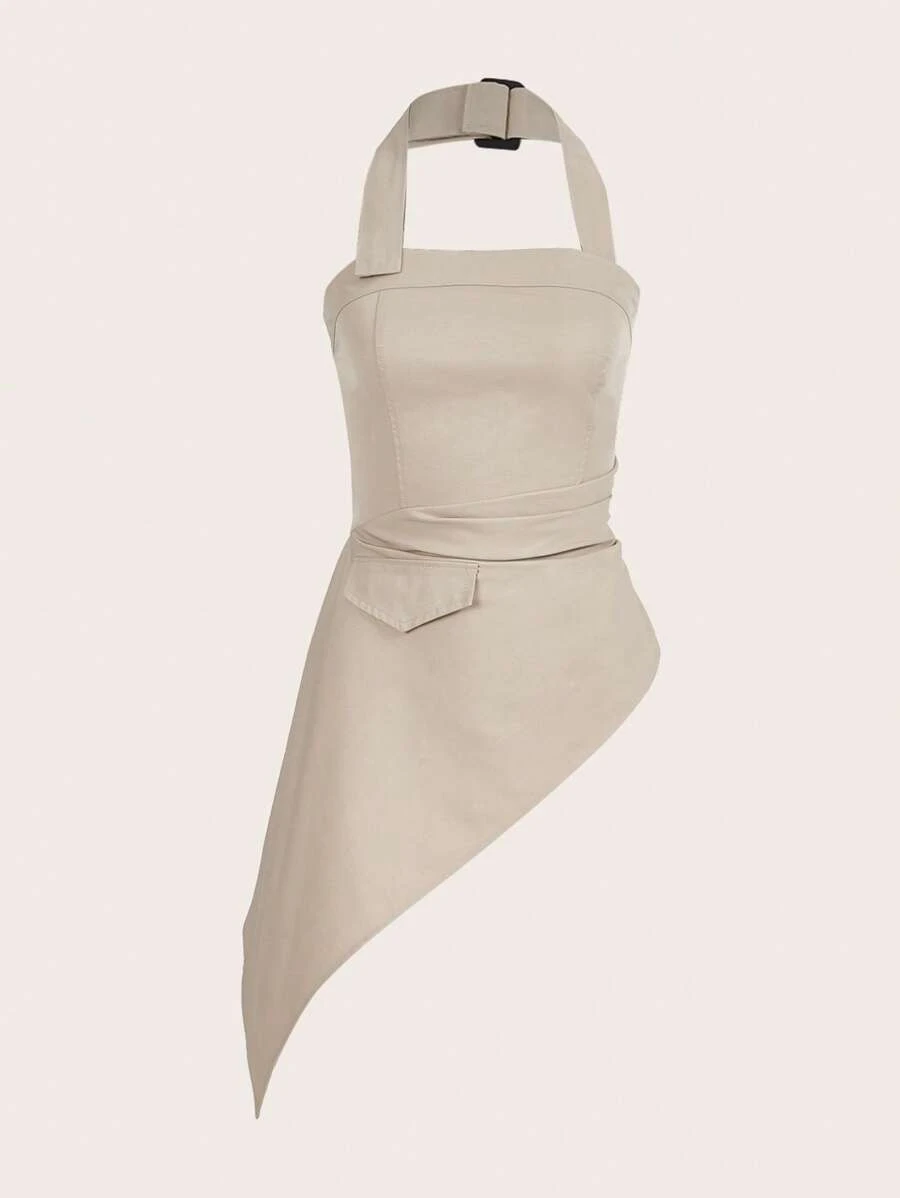 Aveloria Affinna Women's Summer Fashionable Solid Color Asymmetric Hem Halter Neck Top