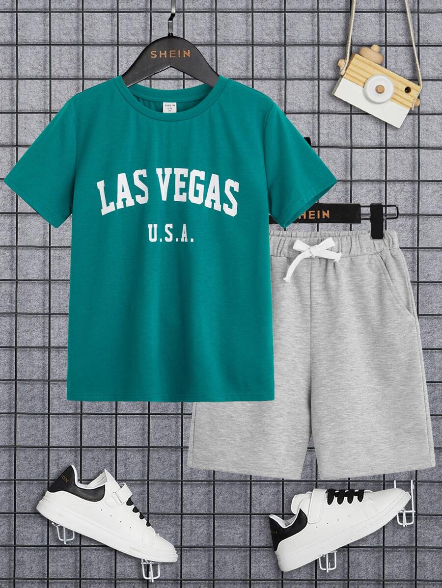 SHEIN Tween Boy Letter Graphic Tee & Drawstring Waist Shorts