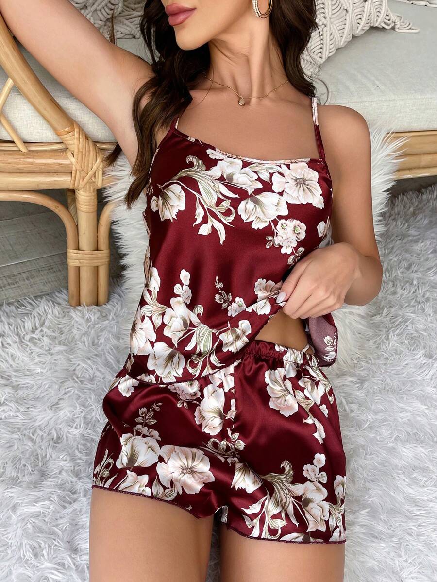 Floral Print Satin Cami Top & Shorts PJ Set / Pajama Set, Vacation