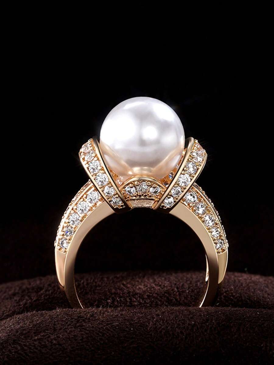 1pc Glamorous Faux Pearl & Cubic Zirconia Decor Ring For Women For Wedding Party