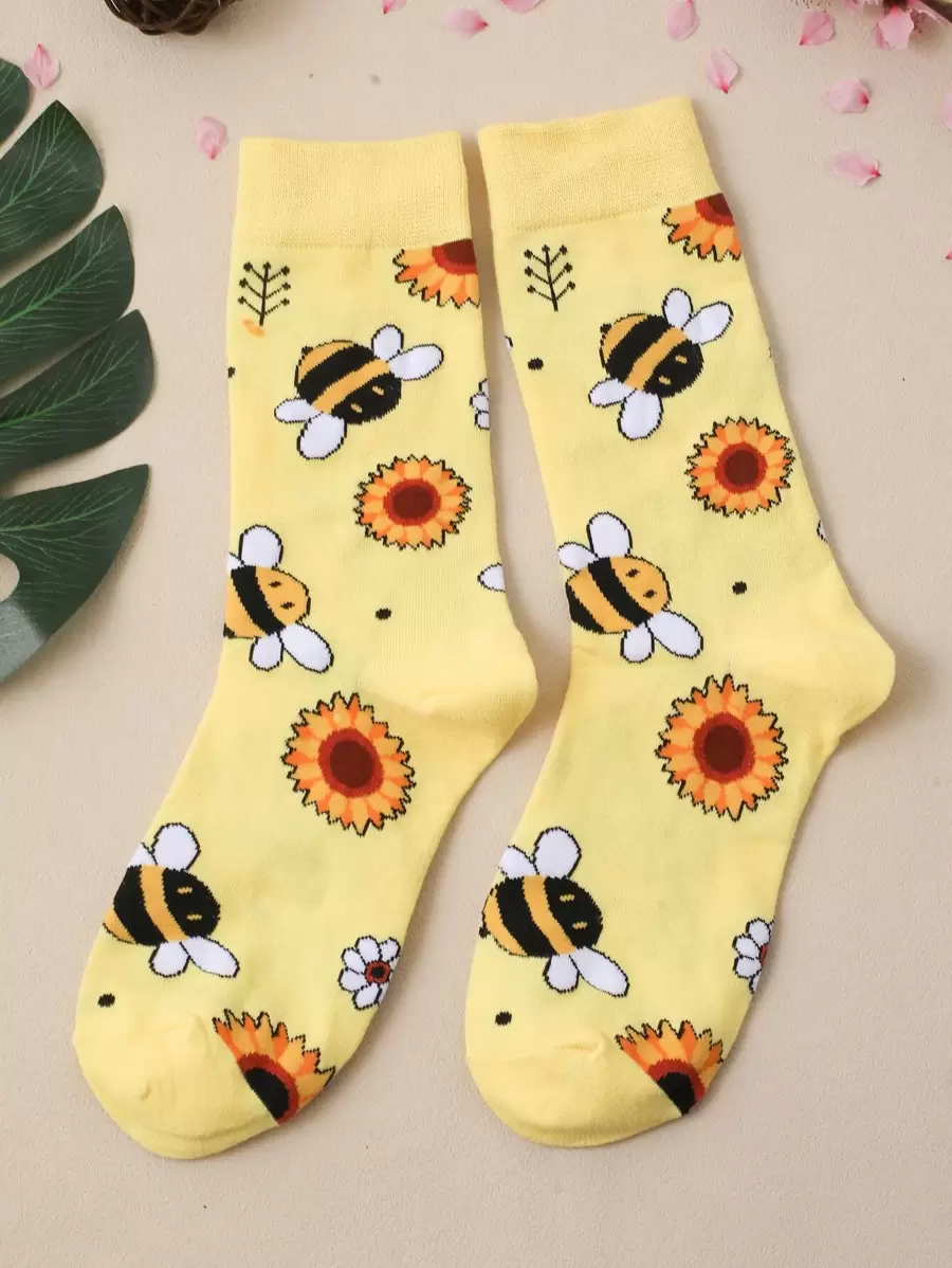 Mujer 1 par Calcetines de tripulación con dibujos animados con girasol & con patrón de abeja dulce para diariamente