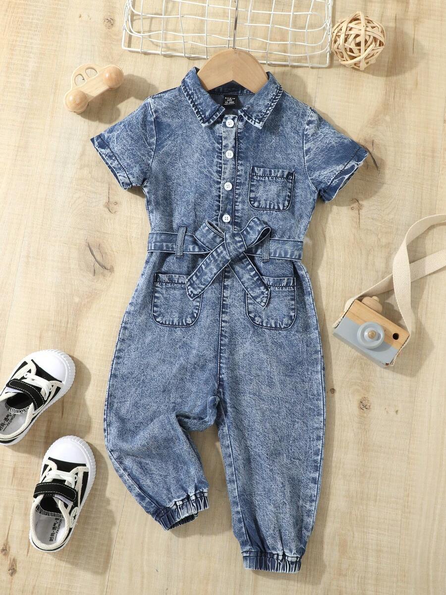 SHEIN Baby Patched Pocket Belted Shirt Denim Jumpsuit