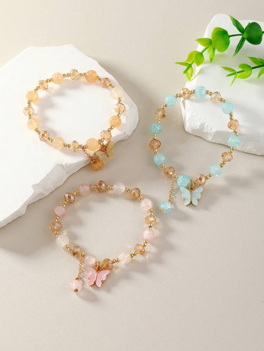 3 pièces/set Bracelet perlé à la mode à breloque papillon pour femme pour décoration quotidienne