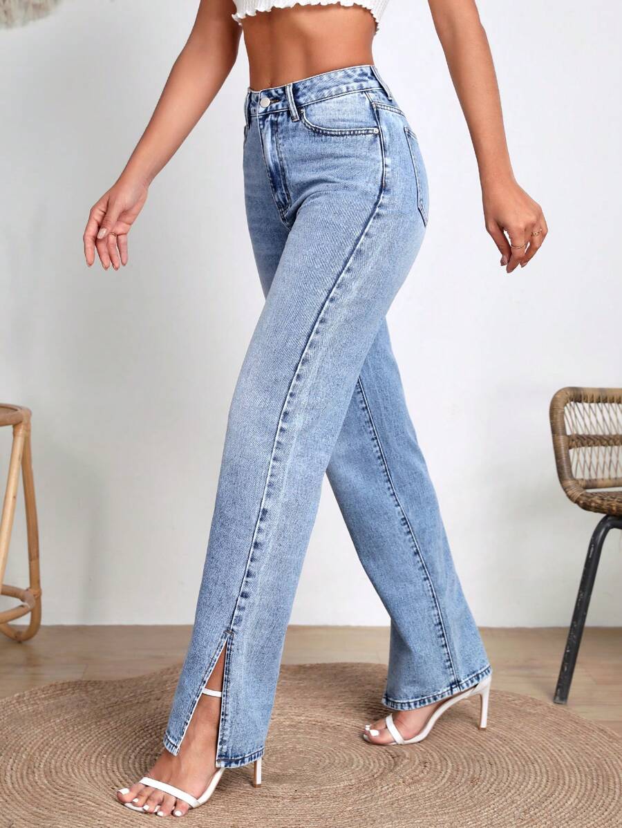 SHEIN Frenchy Eenkleurig Dames jeans Knoop Split Rits