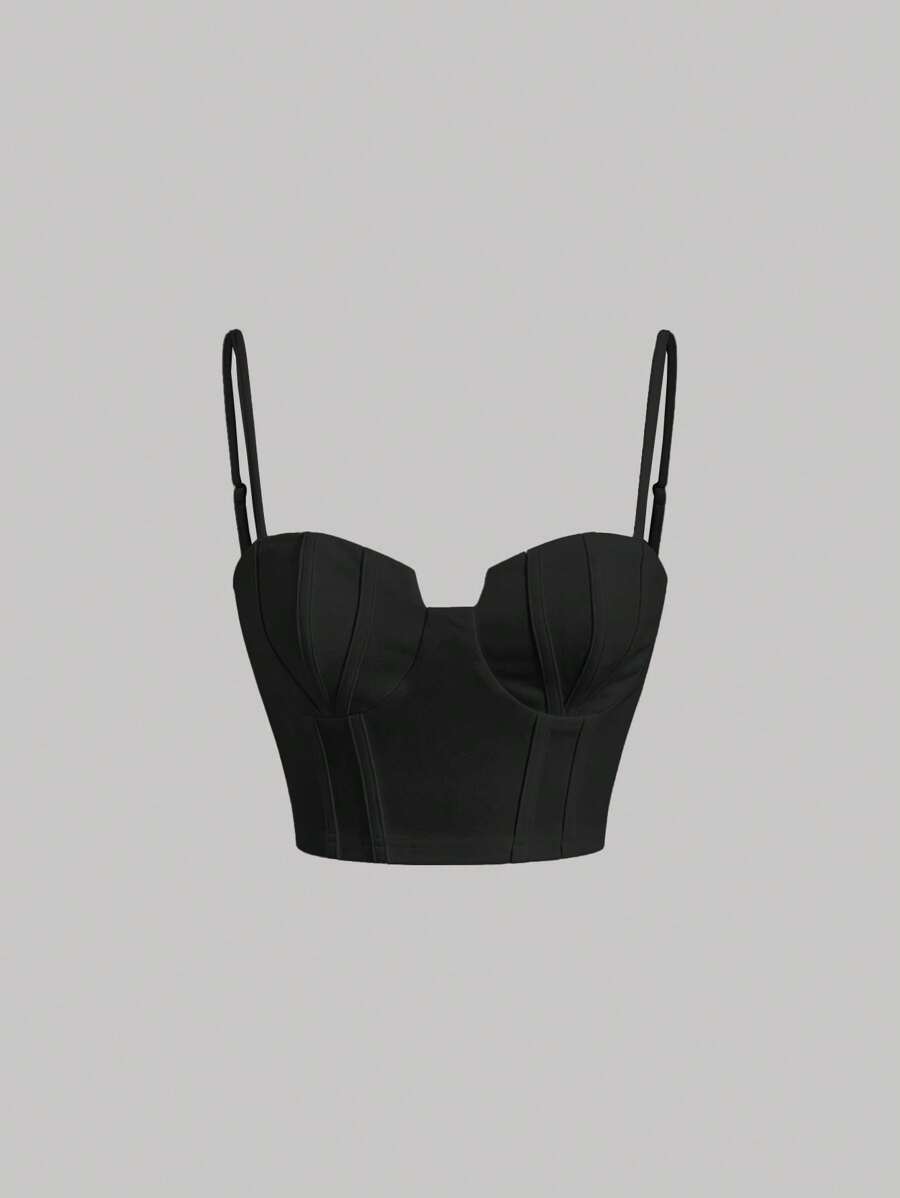 SHEIN MOD Solid Fish Bone Strips Bustier Valentine Day Black Cami Top