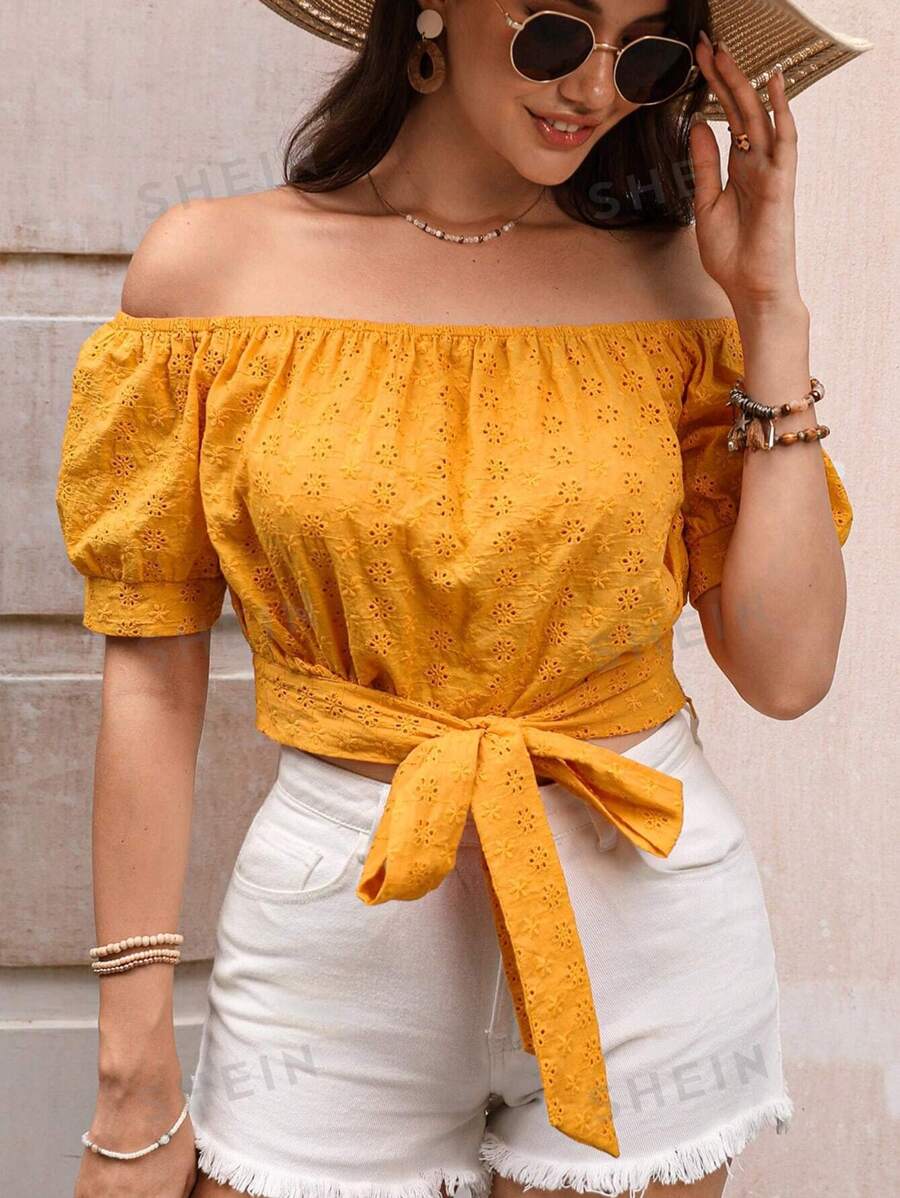 SHEIN VCAY Blusa de hombros descubiertos bajo con nudo schiffy
