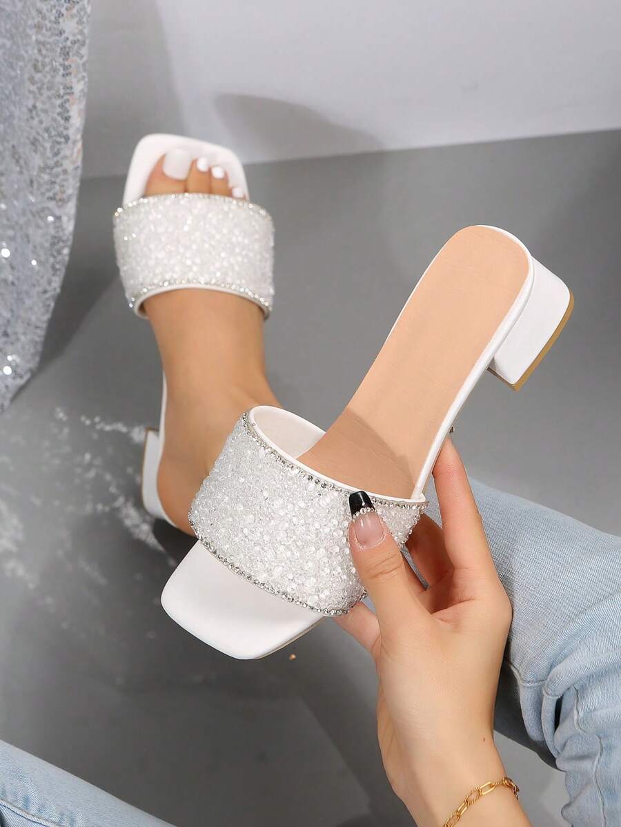 French Style Rhinestone Slip-On Sandals, Women Thick Heel Open Toe Slippers, Fashion Summer New Arrivals