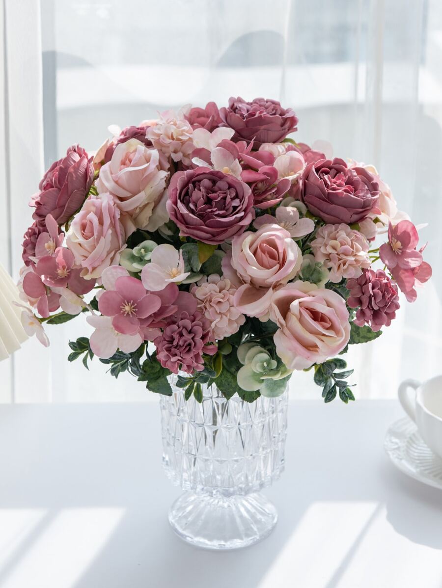 1 pieza / 3 piezas Peonías artificiales, ramos de rosas, botones de flores, ramo de hortensias, bolas bordadas para el Día de San Valentín, flores surtidas, fiestas de cumpleaños, reuniones, cestas de flores para bodas, ramo de novia, decoración del hogar, comedor, dormitorio, alféizar de la ventana, decoraciones de jarrón, decoraciones de Día de San Valentín y Año Nuevo, jardines al aire libre, inicio de temporada escolar, Día de San Valentín, regalo