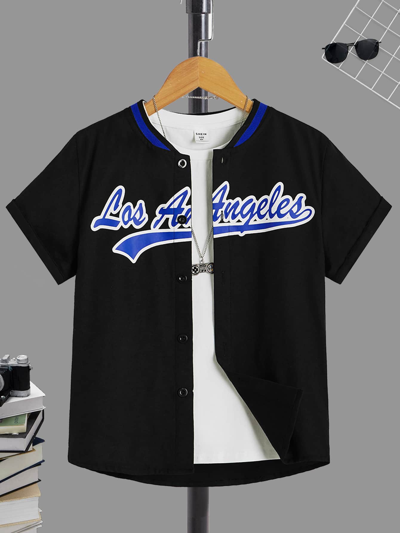 SHEIN Tween Boy Letter Graphic Baseball Collar Shirt Without Tee
