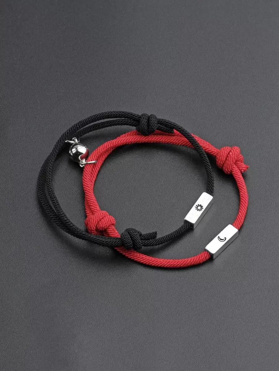 2pcs/set Fashionable Sun & Moon Detail Magnetic Ball Decor String Bracelet For Men For Daily Decoration