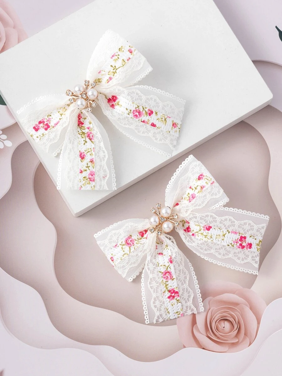 Petite Fille 2 pièces Épingle À Cheveux Imprimé Floral À Nœud Papillon