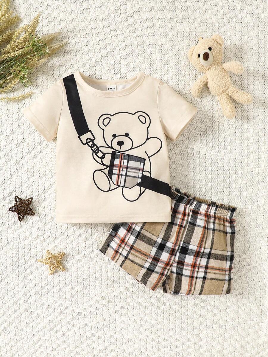 Bébé Garçon Imprimé Ours T-shirt & À Carreaux Short