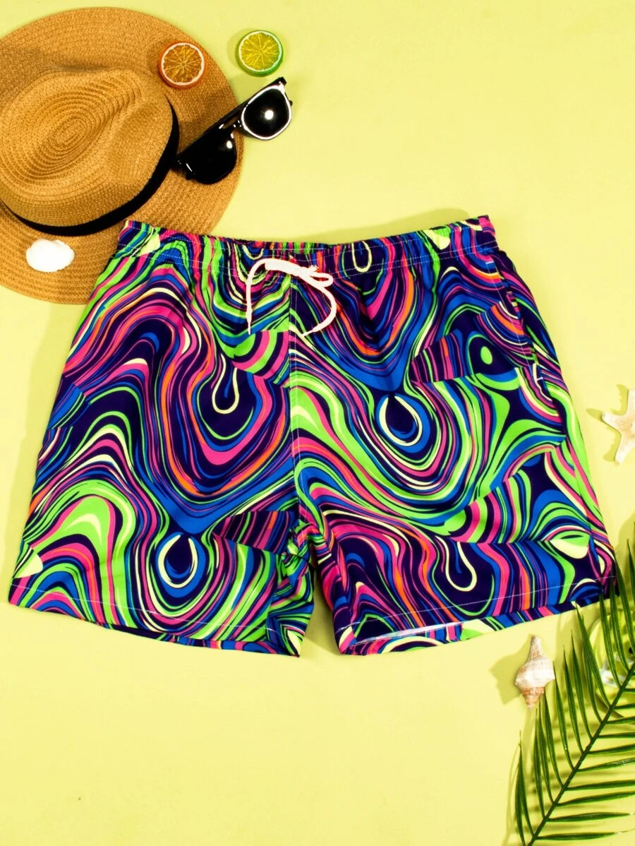 Manfinity KASUA Men Allover Graphic Print Drawstring Waist Swim Trunks Pool Shorts, For Beach, Vacation,Hawaiian