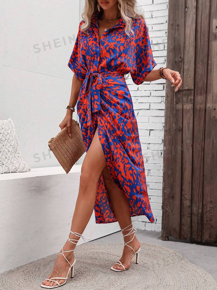 Breezaya Vestido camisero de mujer con mangas de murciélago, estampado completo y cinturón, largo hasta los tobillos