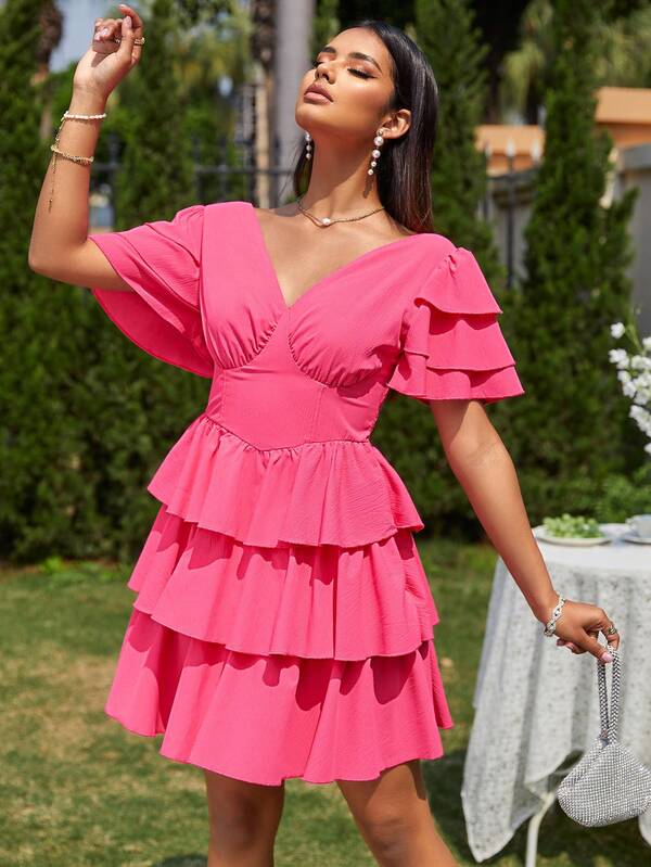 Glamaker Butterfly Sleeve Layered Hem Dress SHEIN USA