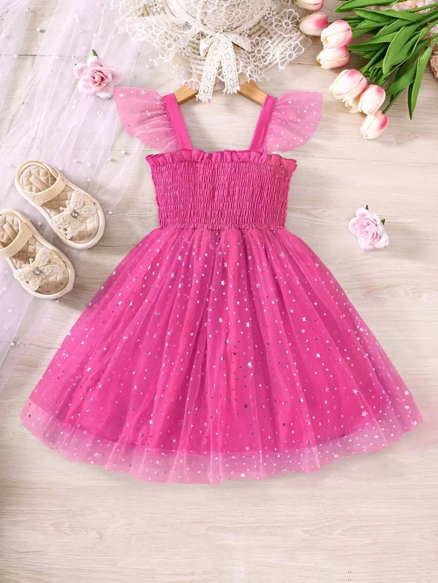 SHEIN Glamorique Kids Young Girl Star Mesh Overlay Ruffle Trim Dress