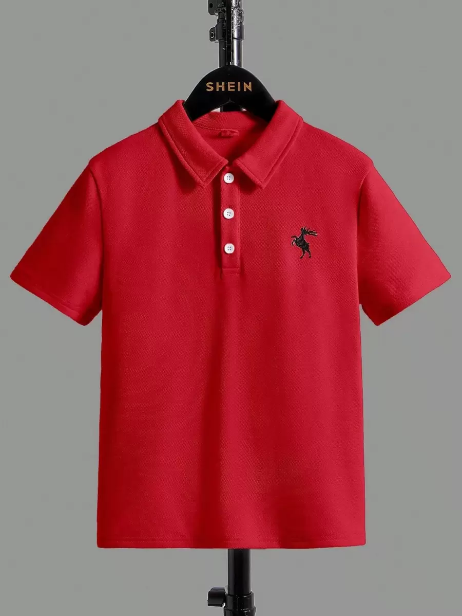 SHEIN Tween Boy Deer Embroidery Polo Shirt Short Sleeve Casual Daily Wear, Summer