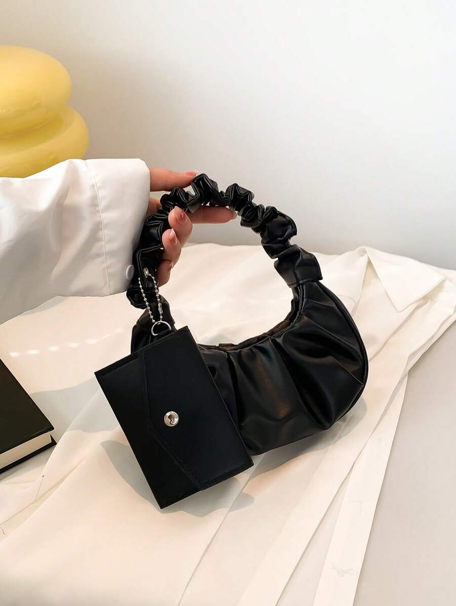Set de 2 bolsos pequeños de unicolor con pliegues y monedero, bolso bandolera de mujer de unicolor con diseño de nube y media luna