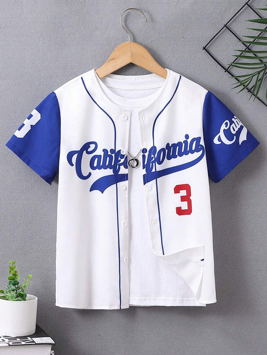 SHEIN Tween Boy Letter Graphic Contrast Sleeve Shirt Without Tee