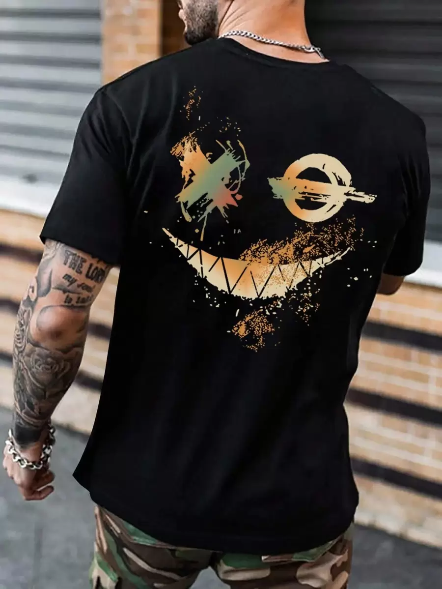Manfinity LEGND Camisetas de hombre con cuello redondo ajustado, mangas cortas, estampado gráfico de sonrisa, casual de verano, poliéster