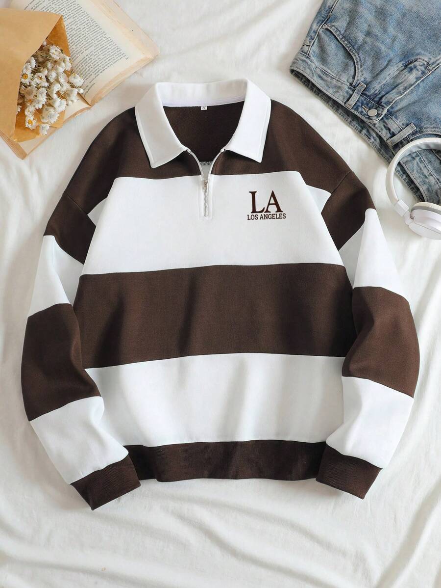 INAWLY Colorblock Letter Print Quarter Zip Drop Shoulder Sweatshirt,Long Sleeve Tops
