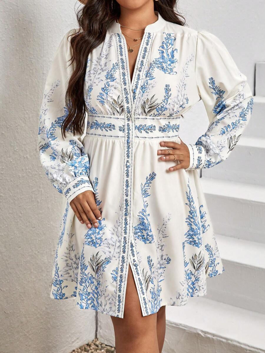 SHEIN VCAY Plus Floral Print Button Front Notched Neckline Lantern Sleeve Dress