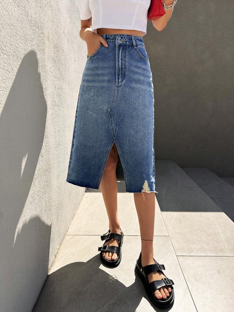 DAZY Ripped Split Hem Denim Skirt