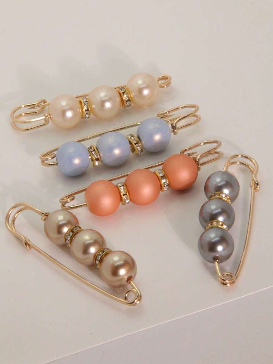 5PCS Women Rhinestone & Beaded Faux Pearl Colorful Fashionable Scarf Safety Pin For Daily Use Accessories Women Fashionable Brooch
