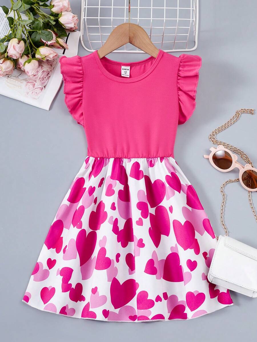 SHEIN Robe À Volants À Motif De Cœur Pour Jeune Fille