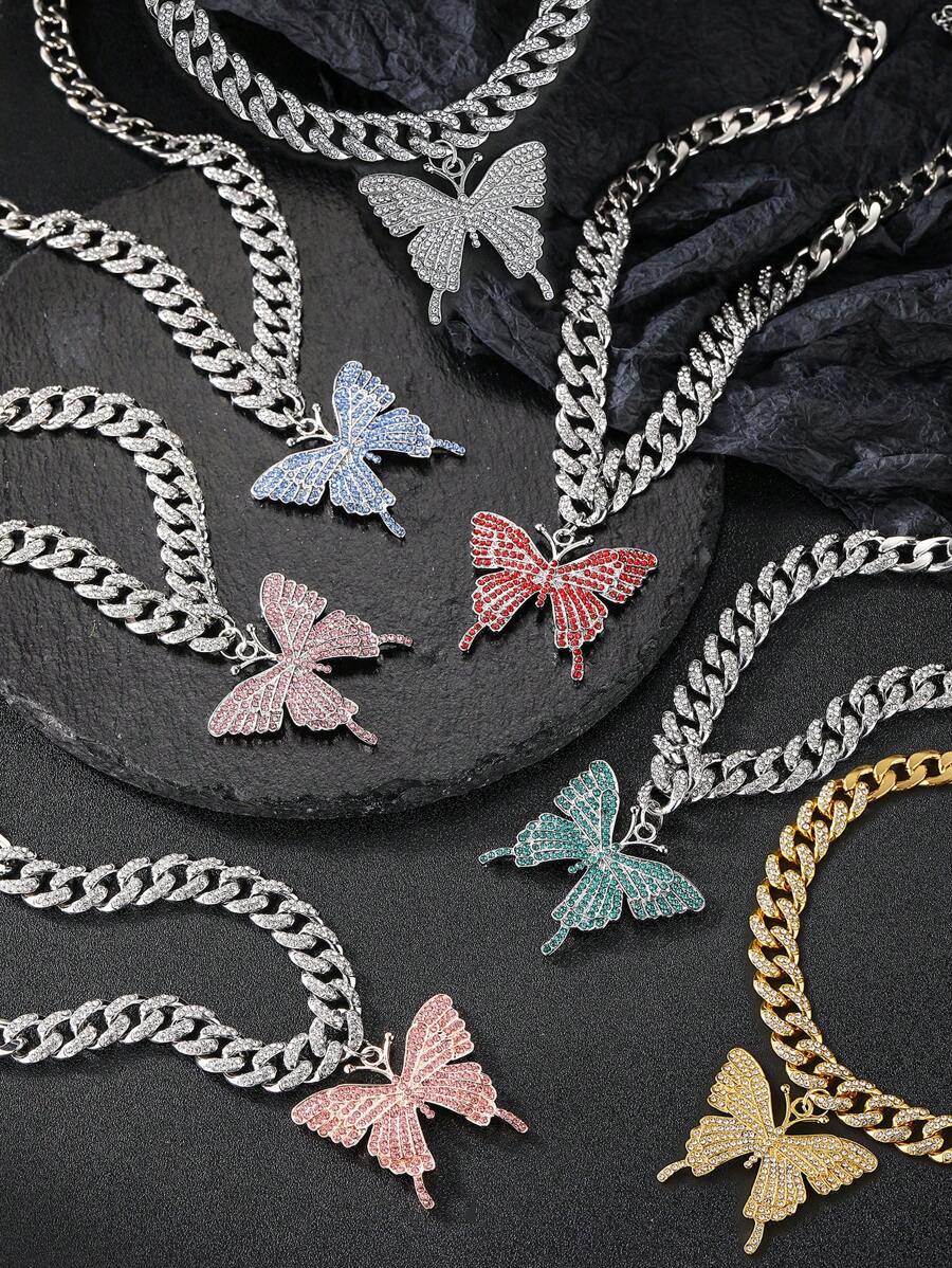 For Women Men Punk Hip Hop Style Rock Party Full Rhinestone Gorgeous Hip Hop Rhinestone Butterfly Pendant Necklace