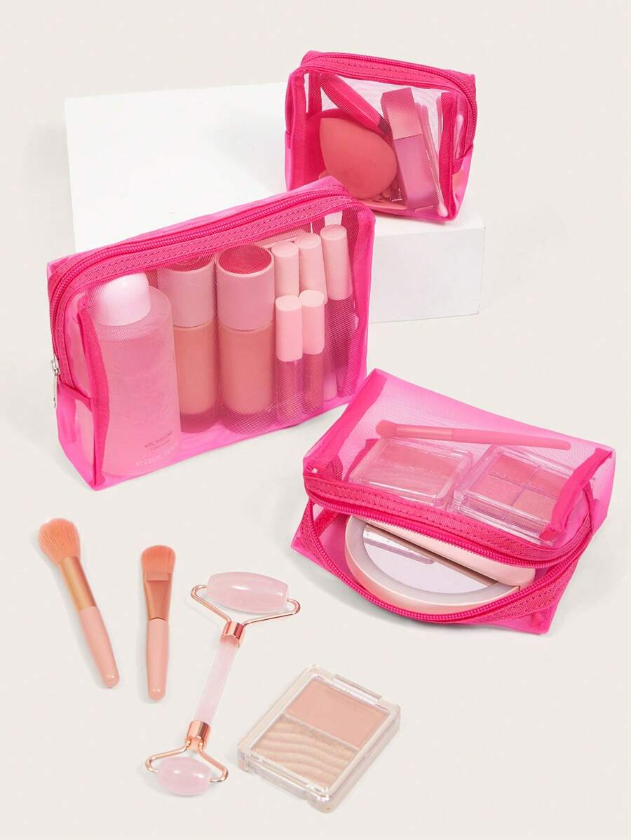 3pcs/Set Mesh Toiletries Storage Bag. Daily Fashion Pink Zipper Make Up Organizer Bag For Travel,Boho Vibes