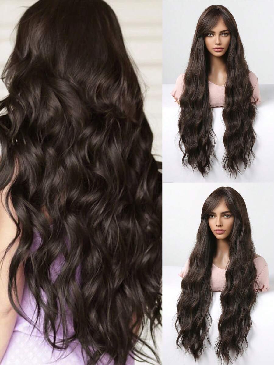 Peluca rizada larga extra de 30 pulgadas con flequillo, color marrón. Pelucas sintéticas resistentes al calor para mujeres, para uso diario, fiesta y cosplay