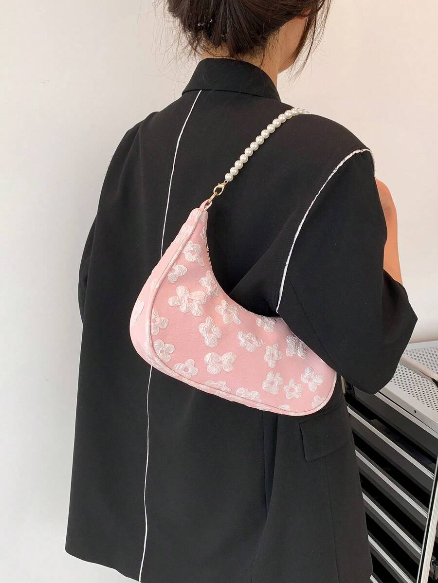 Floral Pattern Hobo Bag Faux Pearl Decor Baby Pink Fashionable