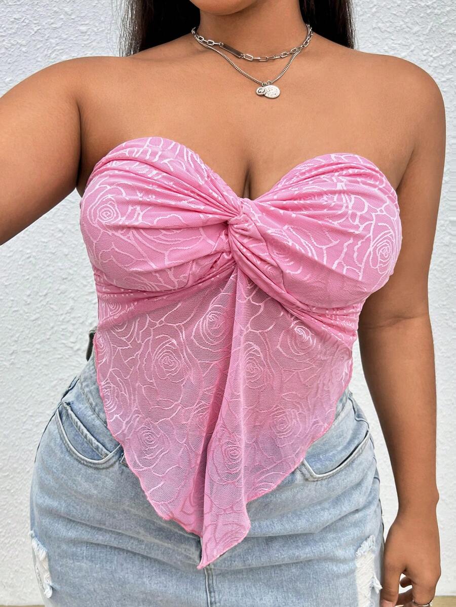 SHEIN EZwear Grote maat Rose Flower Twist Knot Mesh Y2K-stijl Bandeau-top