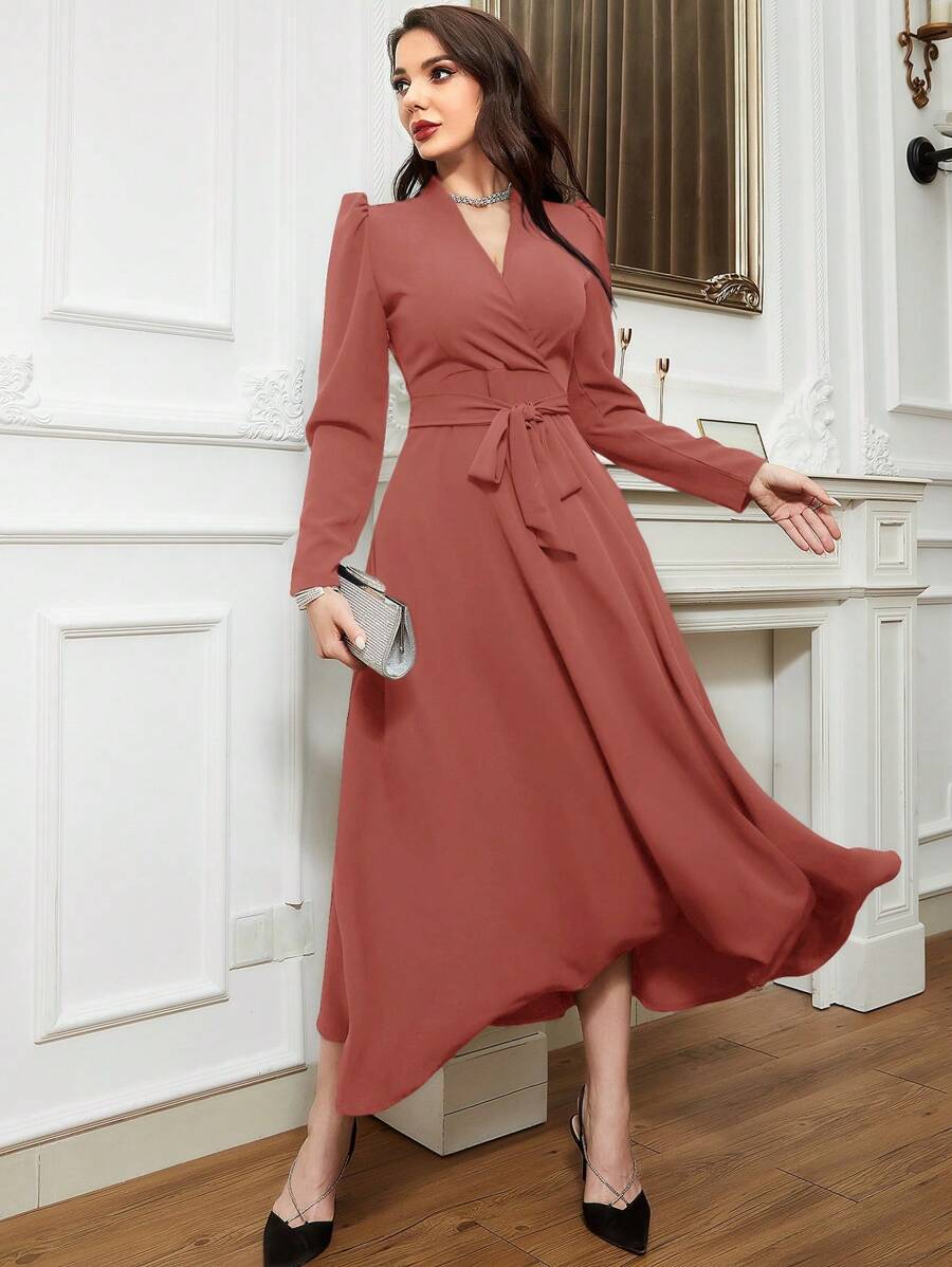 Modelyn Solid Belted A-Line Dress Long Evening Dresses