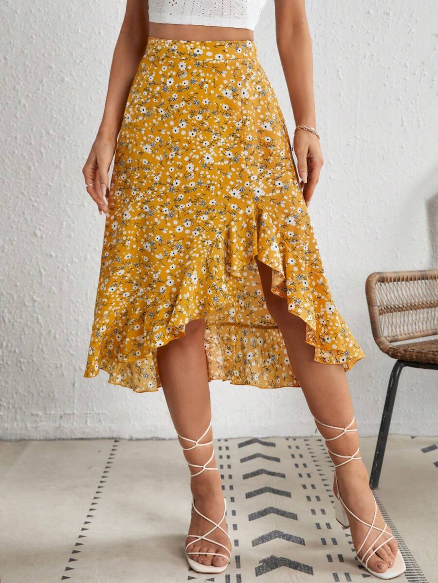 SHEIN VCAY Falda con estampado floral bajo con fruncido